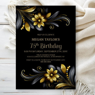 Invitación Fiesta de cumpleaños floral de oro negro número 75