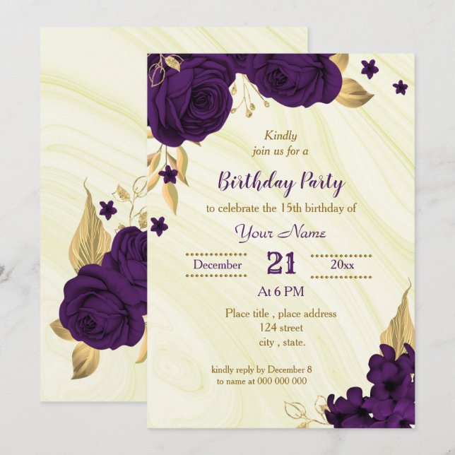 Invitación fiesta de cumpleaños floral de oro púrpura real (Anverso / Reverso)