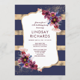 Invitación Fiesta de cumpleaños floral de oro y borgoña de la