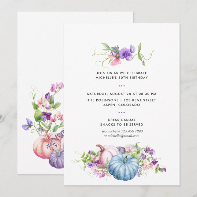 Invitación Fiesta de cumpleaños floral de otoño (Anverso / Reverso)
