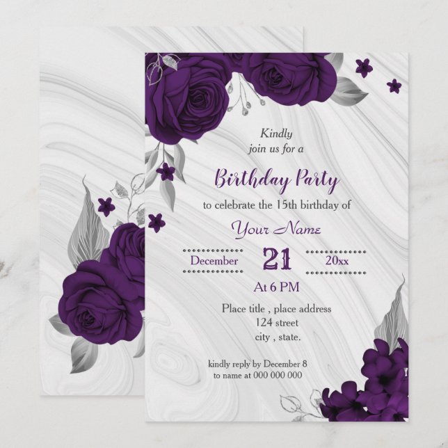 Invitación fiesta de cumpleaños floral de plata púrpura real (Anverso / Reverso)