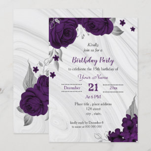 Invitación fiesta de cumpleaños floral de plata púrpura real