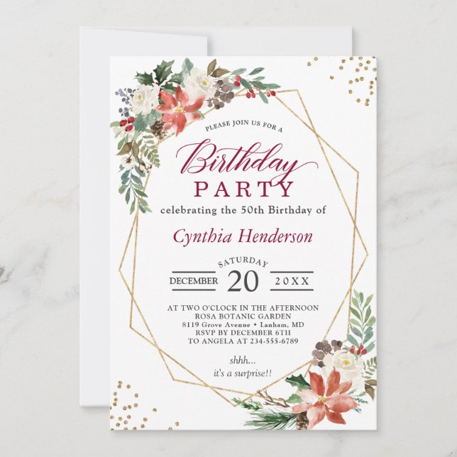 Invitación Fiesta de cumpleaños floral de Poinsettia, marfil  (Anverso)