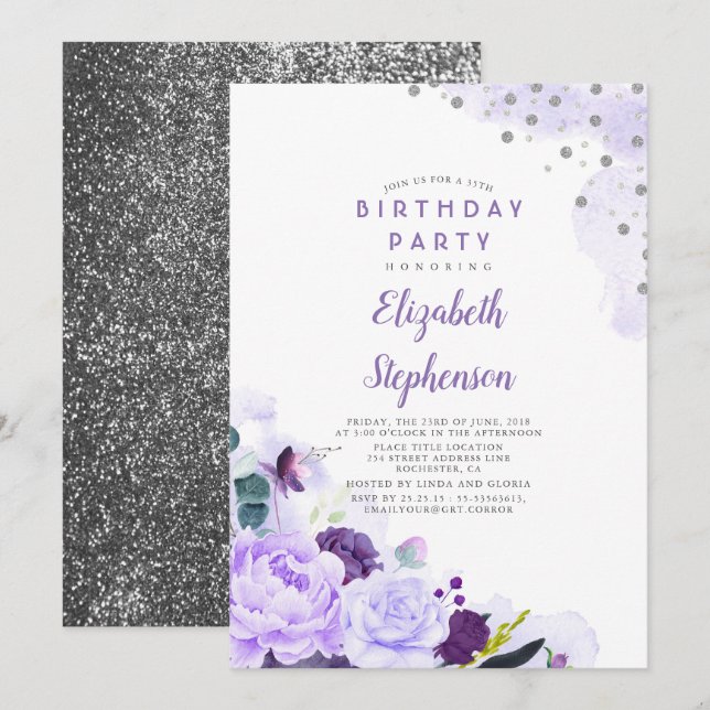 Invitación Fiesta de cumpleaños floral de Purpurina morado y  (Anverso / Reverso)