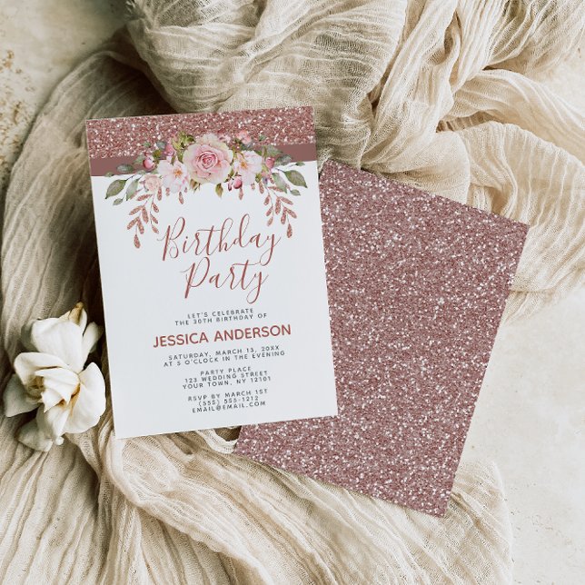 Invitación Fiesta de cumpleaños floral de Rosa Gold Purpurina (Subido por el creador)