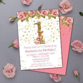 Invitación Fiesta de cumpleaños floral de rosas rosadas 1er