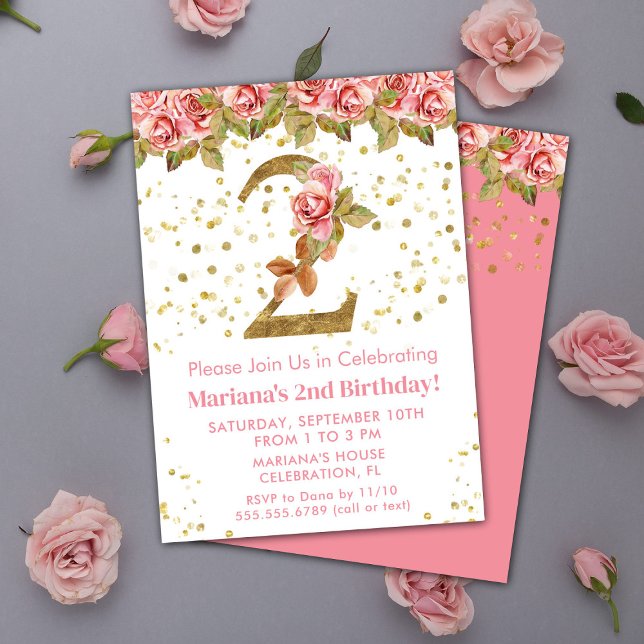 Invitación Fiesta de cumpleaños floral de rosas rosadas 2do a (Subido por el creador)