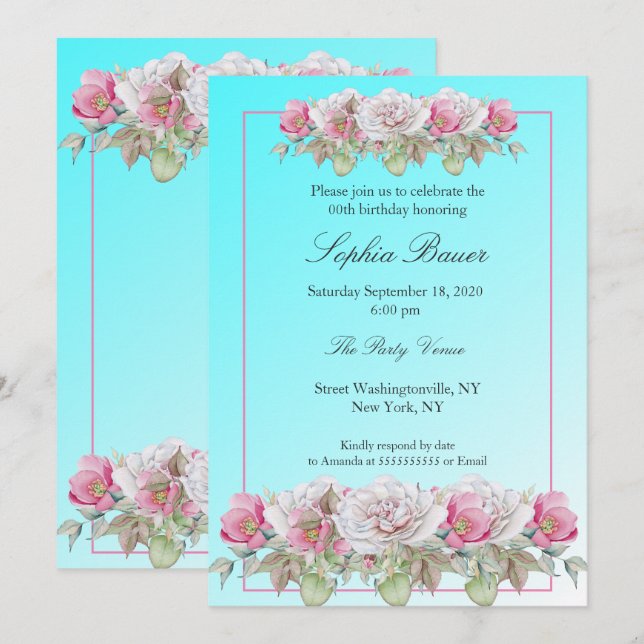 Invitación Fiesta de cumpleaños floral de rosas verde azulada (Anverso / Reverso)