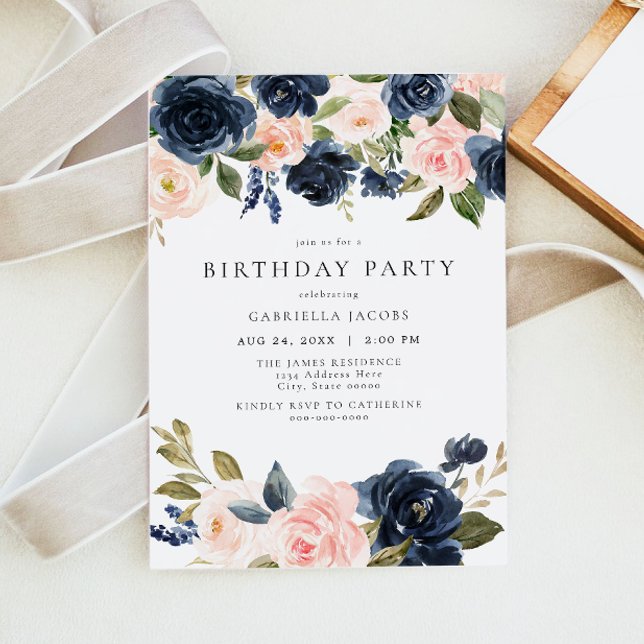 Invitación Fiesta de cumpleaños floral de Rubor de la Marina  (Subido por el creador)