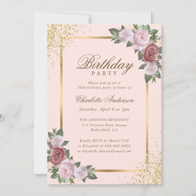 Invitación Fiesta de cumpleaños floral de Rubor Pink Gold Con (Anverso)