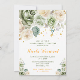 Invitación Fiesta de cumpleaños floral de Sage Green y Cream