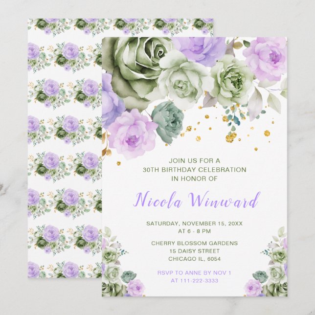 Invitación Fiesta de cumpleaños floral de Sage Green y Purple (Anverso / Reverso)