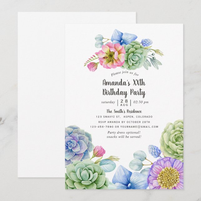Invitación Fiesta de cumpleaños floral de suculentas de moda (Anverso / Reverso)