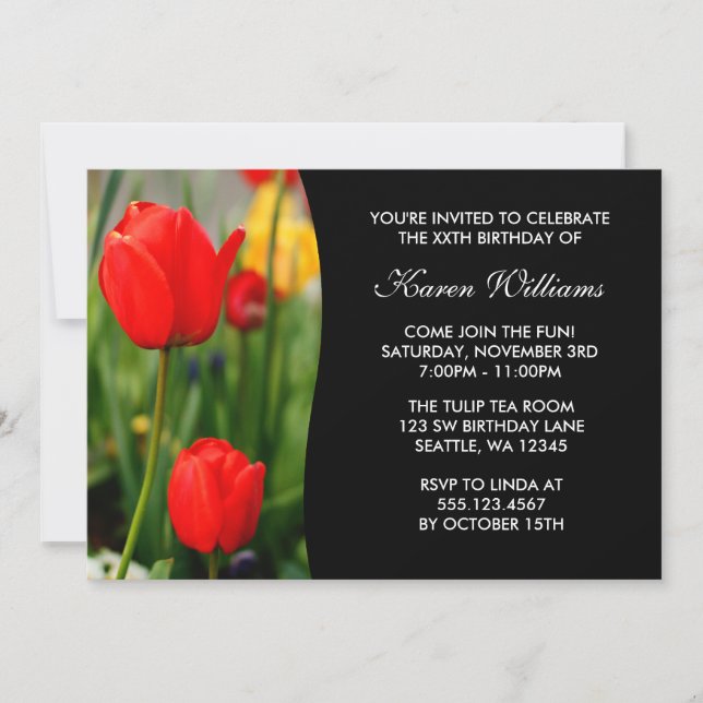 Invitación Fiesta de cumpleaños floral de tulipanes rojos y a (Anverso)