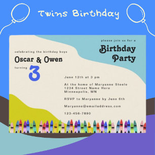 Invitación Fiesta de cumpleaños floral de Twin Boys Retro 70