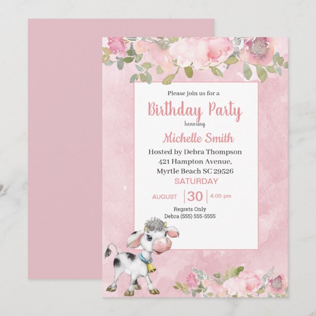 Invitación Fiesta de cumpleaños floral de vaca rosa y blanca  (Anverso / Reverso)