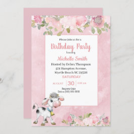Invitación Fiesta de cumpleaños floral de vaca rosa y blanca 
