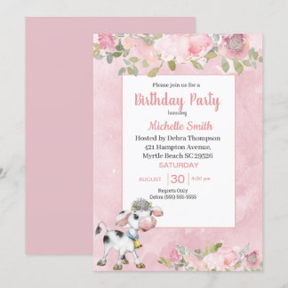 Invitación Fiesta de cumpleaños floral de vaca rosa y blanca 