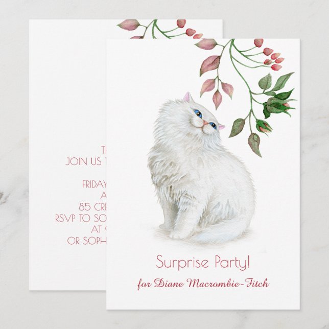 Invitación Fiesta de cumpleaños floral del gatito del verde (Anverso / Reverso)