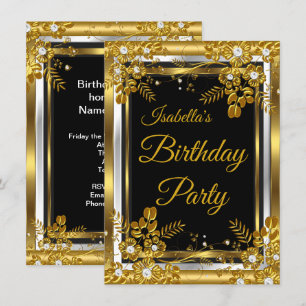Invitación Fiesta de Cumpleaños Floral Diamante Dorado Negro