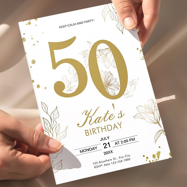 Invitación Fiesta de cumpleaños floral dorada 50 cumpleaños E (white gold 50th birthday invitation, elegant floral birthday invite, milestone birthday invitation)