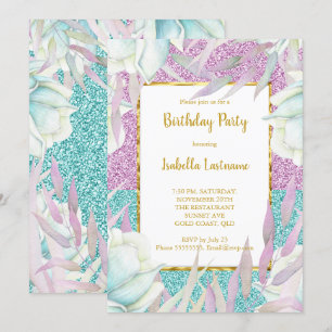 Invitación Fiesta de Cumpleaños Floral Dorada Purpura Turques