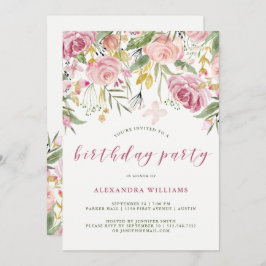 Invitación Fiesta de cumpleaños floral dorada y rosa acuarela