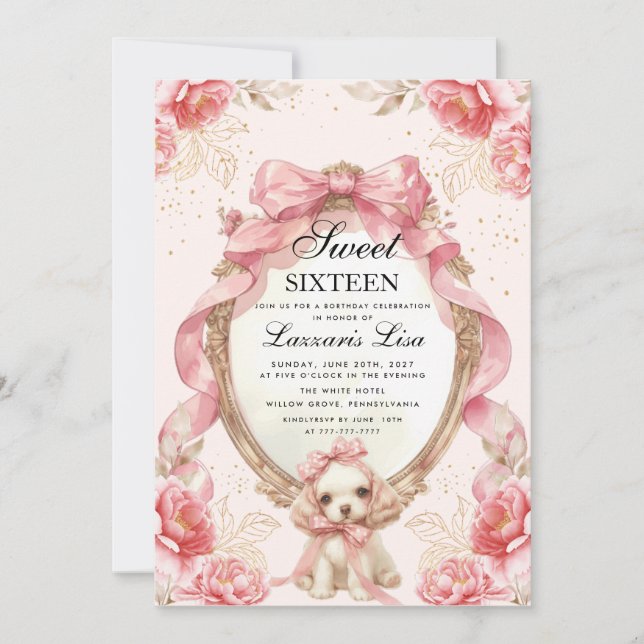Invitación Fiesta de Cumpleaños Floral Dulce Dieciséis Perro  (Anverso)