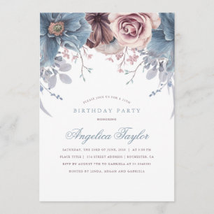 Invitación Fiesta de cumpleaños floral Dusty Blue y Mauve