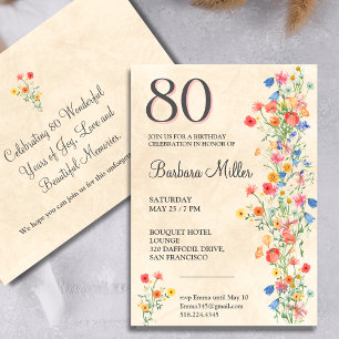 Invitación Fiesta de cumpleaños floral elegante de 80 años