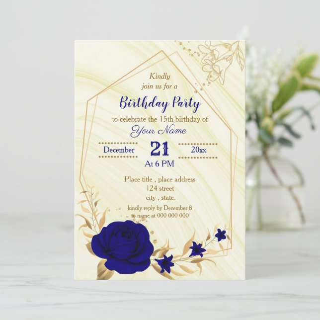 Invitación fiesta de cumpleaños floral floral de oro azul rea (Anverso de pie)