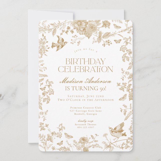 Invitación Fiesta de cumpleaños floral francesa Gold Toile De (Anverso)