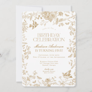 Invitación Fiesta de cumpleaños floral francesa Gold Toile De