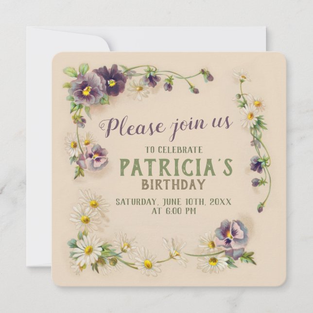 Invitación Fiesta de cumpleaños Floral garland CC1057 (Anverso)