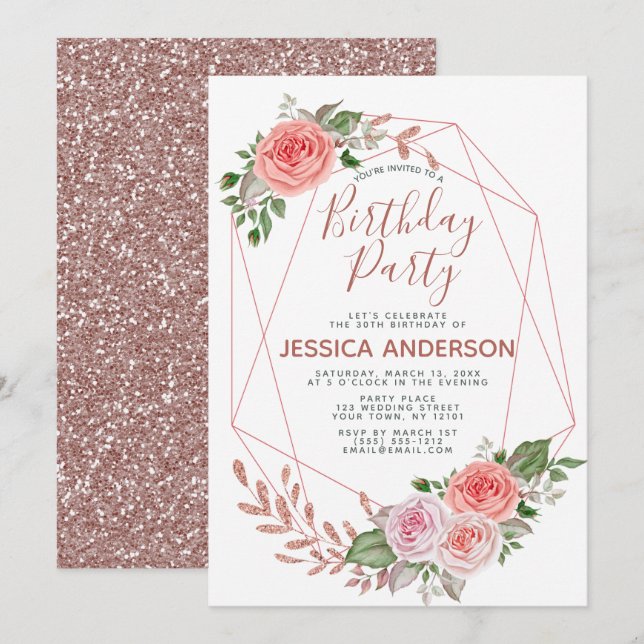 Invitación Fiesta de cumpleaños floral geométrica del (Anverso / Reverso)