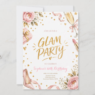 Invitación Fiesta de Cumpleaños Floral Glamour Gold Rosa