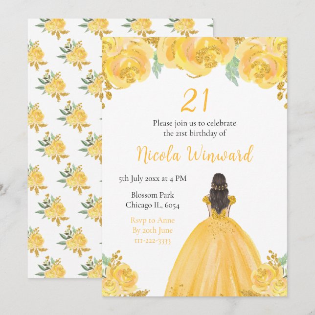 Invitación Fiesta de cumpleaños floral Gold Princess Hair (Anverso / Reverso)