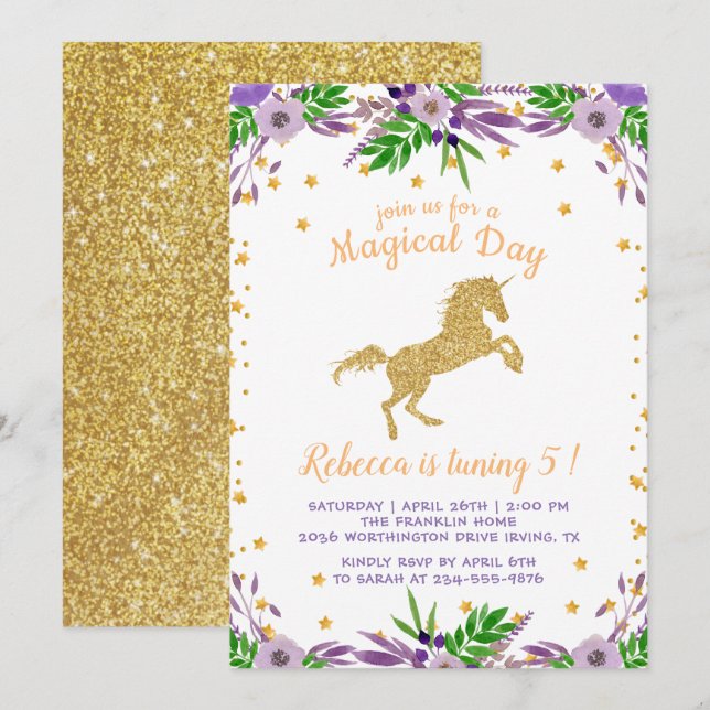 Invitación Fiesta de cumpleaños floral Gold Unicorn Watercolo (Anverso / Reverso)