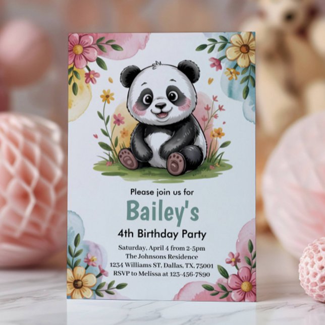 Invitación Fiesta de cumpleaños floral linda de panda para ni (Subido por el creador)