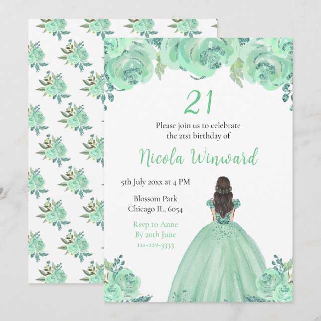 Invitación Fiesta de cumpleaños floral Mint Mint Hair Princes (Anverso / Reverso)