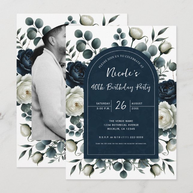 Invitación Fiesta de Cumpleaños Floral Moderna Azul Oscuro y  (Anverso / Reverso)