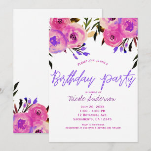 Invitación Fiesta de Cumpleaños Floral Moderna Brillante Rosa