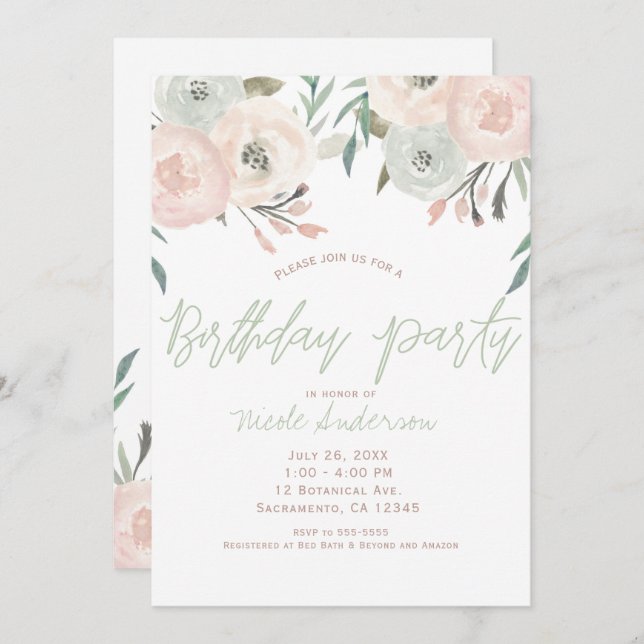 Invitación Fiesta de Cumpleaños Floral Moderna Verde Menta Sa (Anverso / Reverso)