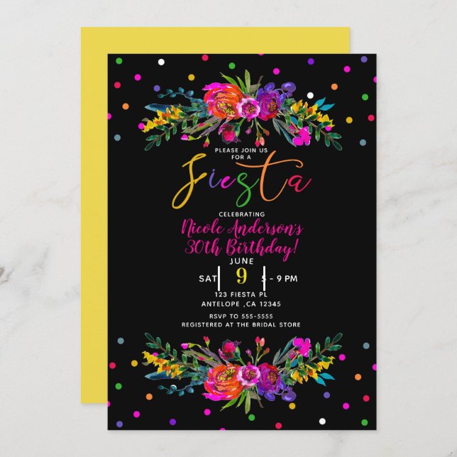 Invitación Fiesta de cumpleaños floral moderna y negra (Anverso / Reverso)