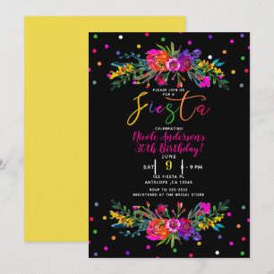 Invitación Fiesta de cumpleaños floral moderna y negra brilla