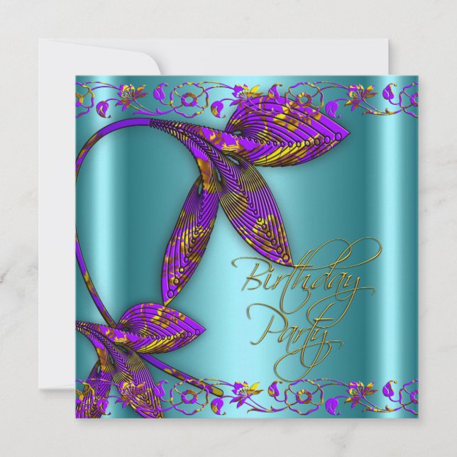Invitación Fiesta de Cumpleaños Floral Morado Turquesa Dorado (Anverso)