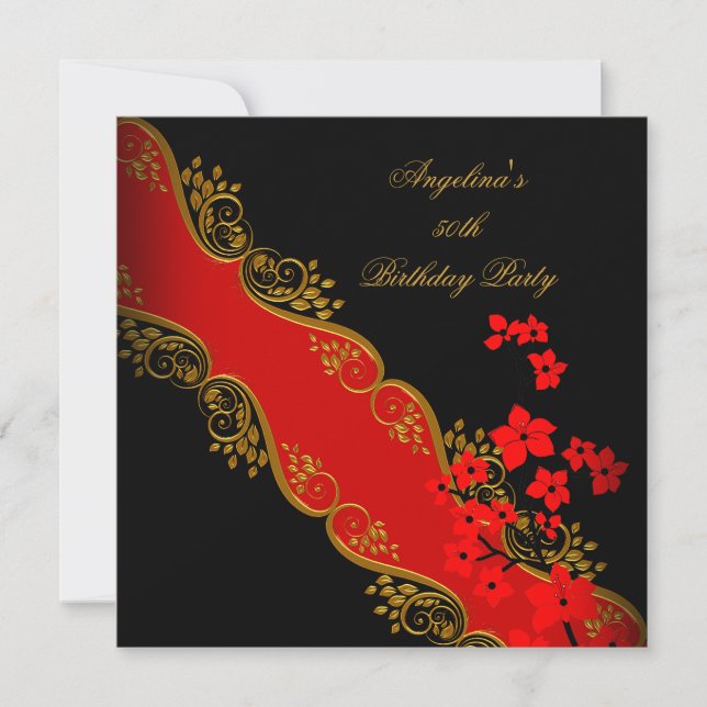 Invitación Fiesta de cumpleaños floral negra asiática roja do (Anverso)