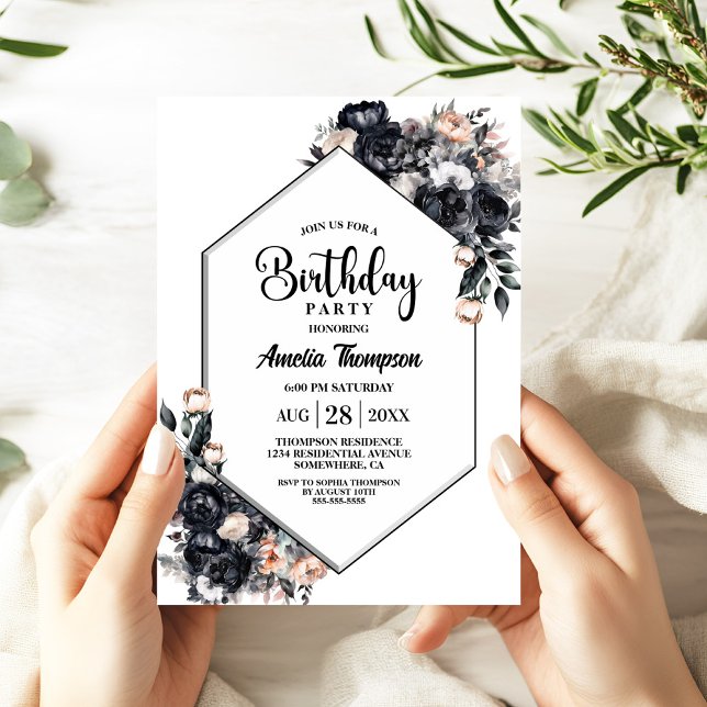 Invitación Fiesta de cumpleaños floral negra moderna (Subido por el creador)