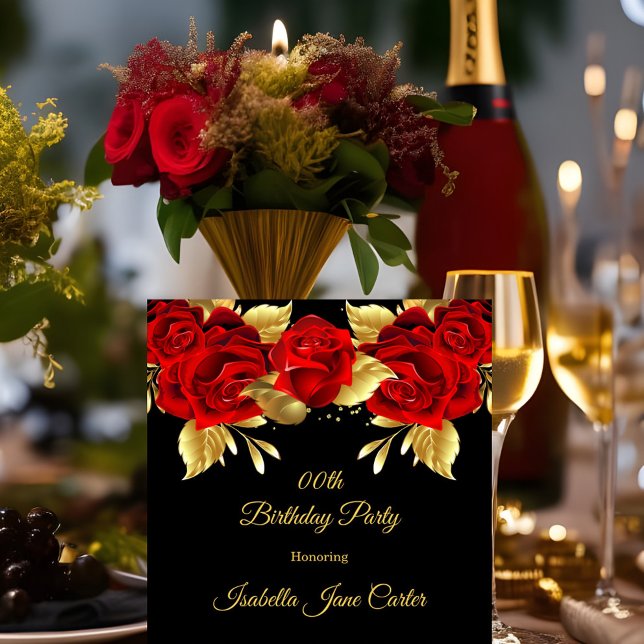 Invitación Fiesta de Cumpleaños Floral Negra Rosa Roja Exótic (Subido por el creador)
