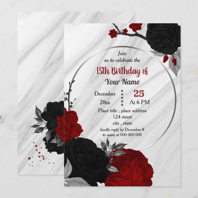 Invitación Fiesta de cumpleaños floral negra y roja (Anverso / Reverso)